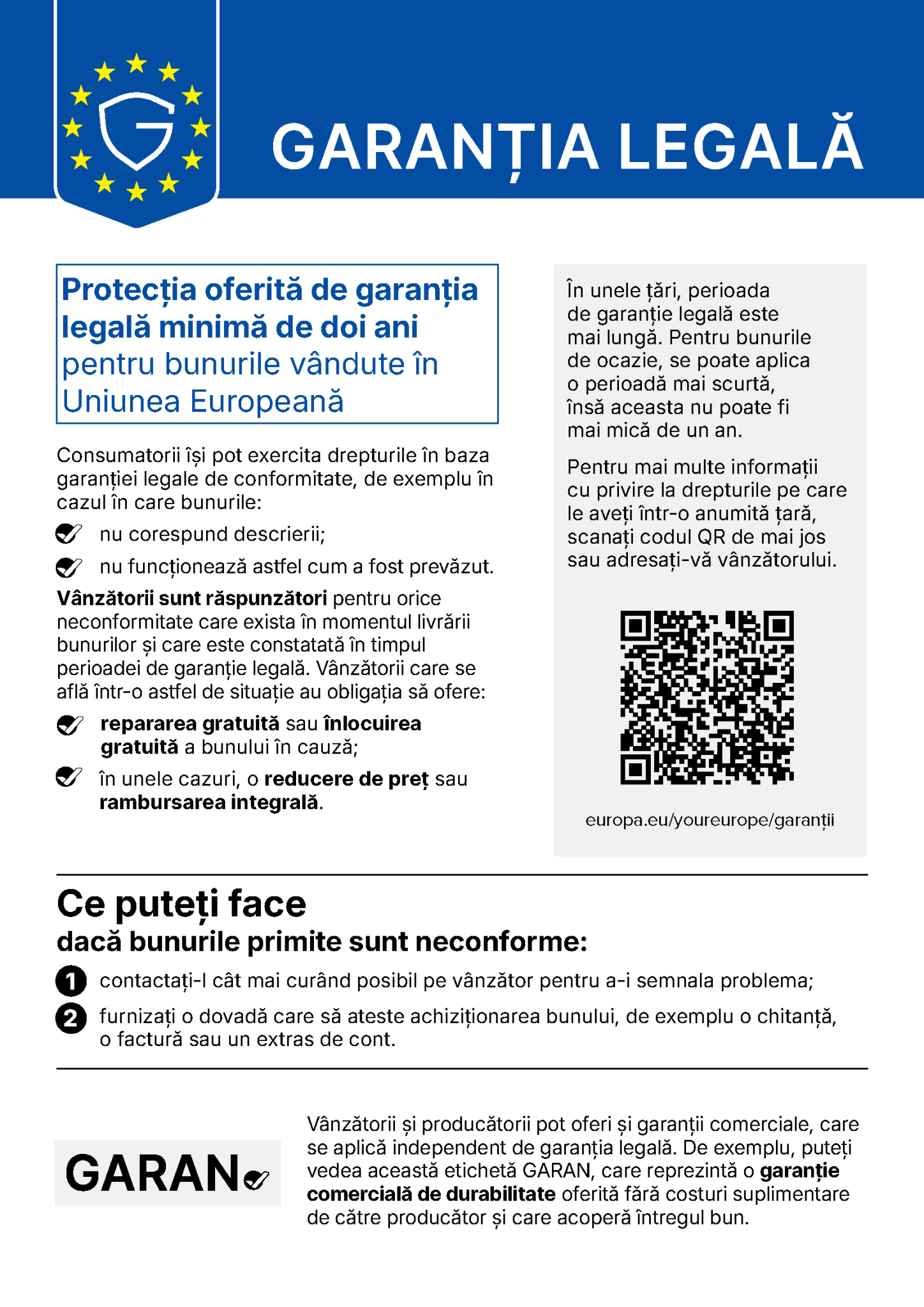 Notificare oficială UE: garanția legală de conformitate de minimum doi ani, răspunderea vânzătorului și remediile gratuite pentru consumatori.